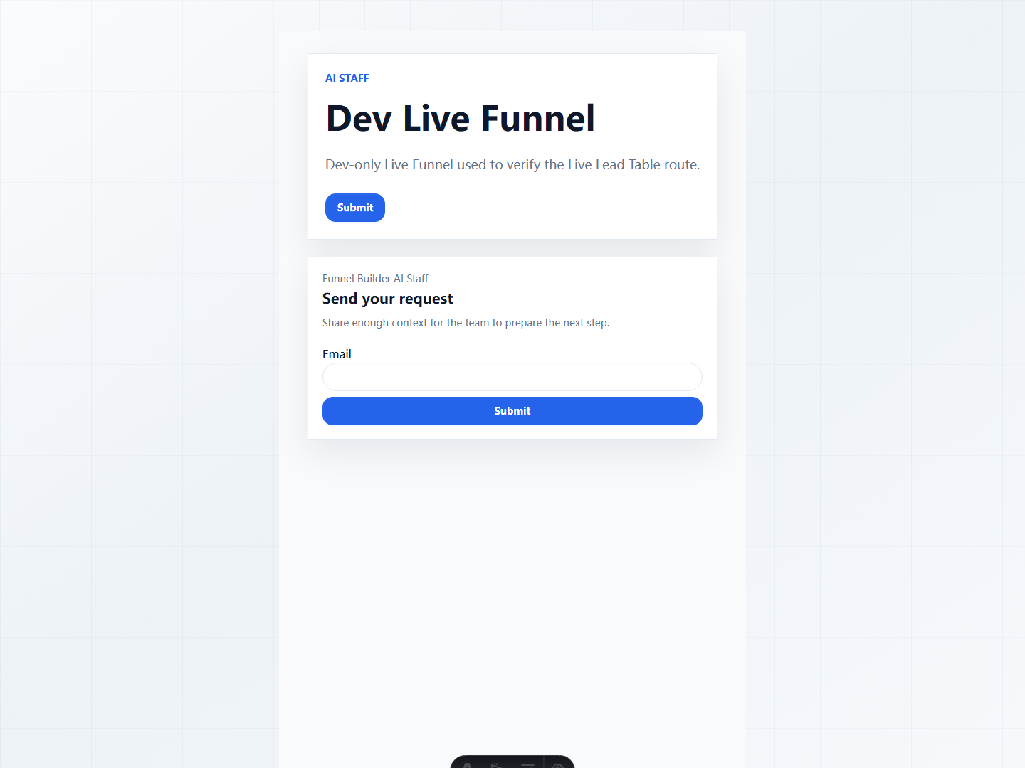 Funnel Builder LiveFunnel surface in a redacted Framitive test workspace